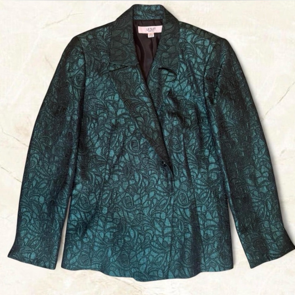 Le Suit Women's Teal Patterned Blazer Rose Button 🌹